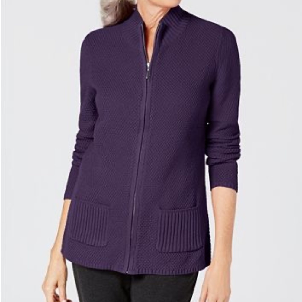 NWT Karen Scott Textured Zip Front Cardigan